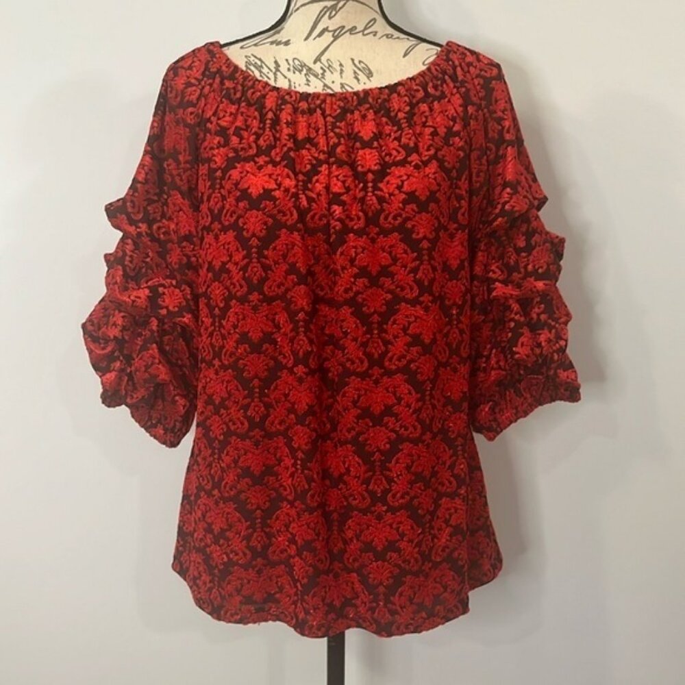 Coco Bianco on or off shoulder puff sleeve top textured jacquard L